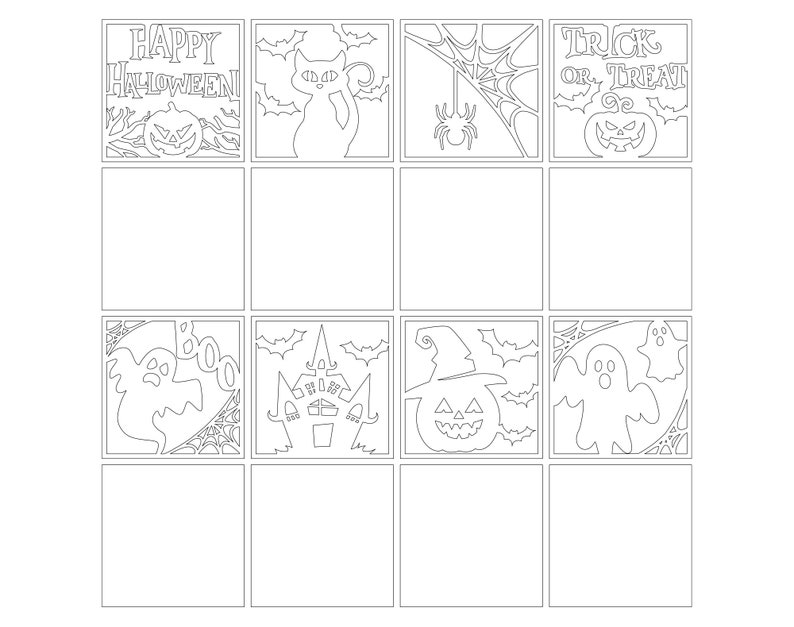 May include: A set of nine printable Halloween-themed square designs. The designs include a black cat, a spider web with a spider, a pumpkin with the text "Trick or Treat", a ghost with the text "Boo", a haunted house, a pumpkin with a witch's hat, a ghost, and two blank squares.