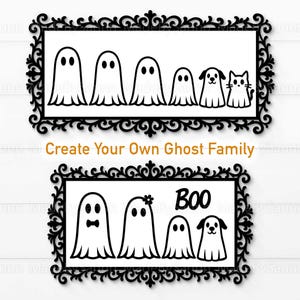 Op de afbeelding: Twee zwart omlijste Halloween-kunstwerken. Het bovenste frame toont een spookfamilie met een hond en een kat. Het onderste frame toont een spookfamilie met het woord "BOO". De tekst "Create Your Own Ghost Family" is ook aanwezig.