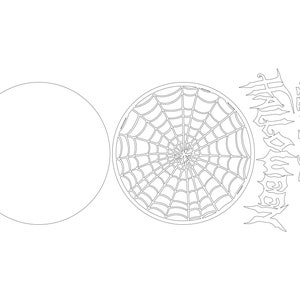 May include: A black and white printable design featuring a spider web, a spider, and the text "Happy Halloween".