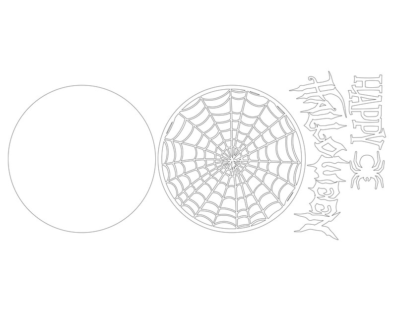 May include: A black and white printable design featuring a spider web, a spider, and the text "Happy Halloween".