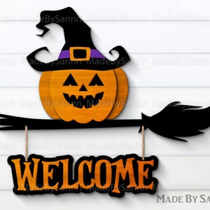 Cartello di benvenuto di Halloween in formato SVG, appendino per porta di Halloween in formato SVG, zucca di Halloween in formato SVG, Buon Halloween in formato SVG, file Glowforge di Halloween, file DXF di Halloween