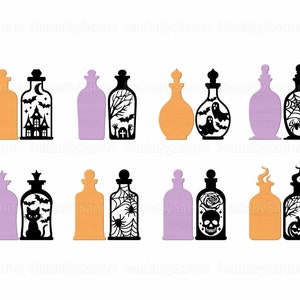 May include: Set of ten Halloween-themed potion bottles with various spooky designs. The bottles are in two colors: orange and purple. The designs include a haunted house, a spider web, a ghost, a skull, a cat, a pumpkin, and a spider.
