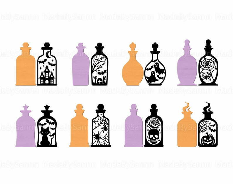 May include: Set of ten Halloween-themed potion bottles with various spooky designs. The bottles are in two colors: orange and purple. The designs include a haunted house, a spider web, a ghost, a skull, a cat, a pumpkin, and a spider.