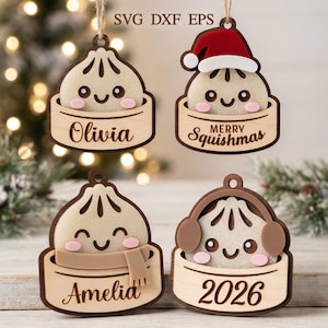 Christmas Dumpling Ornament SVG Bundle, Kawaii Dumpling SVG, Personalized Name Ornaments, Laser Cut Files, Glowforge xTool, Merry Squishmas