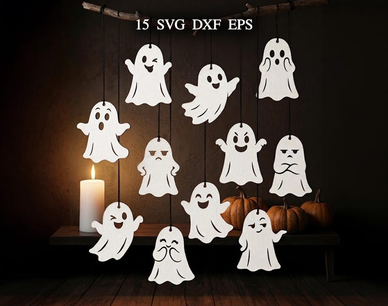 May include: A collection of 15 white ghost-shaped cutouts with various facial expressions, each hanging from a black string. The text 15 SVG DXF EPS is displayed at the top. The ghosts feature different poses and expressions, including winking, smiling, and frowning faces.