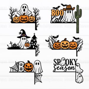 Könnte beinhalten: Eine Sammlung von Halloween-Eckdesigns. Jedes Design zeigt eine schwarze Silhouette mit Geistern, Kürbissen, Fledermäusen und den Texten "Boo Y'all" und "Spooky Season". Ideal für saisonale Bastelarbeiten.