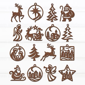 Könnte beinhalten: Eine Sammlung brauner Weihnachtsornamente aus Holz in verschiedenen Formen. Designs umfassen ein Rentier, einen Stern, einen Weihnachtsbaum, den Weihnachtsmann, einen Engel und eine Krippenszene. Jedes Ornament hat ein kleines Loch zum Aufhängen.