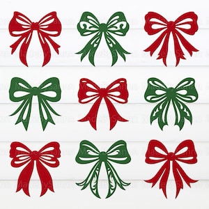 Op de afbeelding: Negen verschillende strikdesigns in rood en groen. De strikken zijn allemaal in een eenvoudige, klassieke stijl en zouden perfect zijn om een feestelijke touch aan elk project toe te voegen.