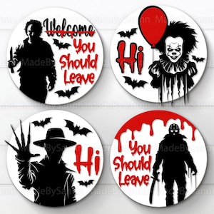 Horror karakters deur teken SVG, Halloween deur hanger SVG, Halloween welkom teken SVG, houten deur hanger, Halloween bundel, laser bestand SVG