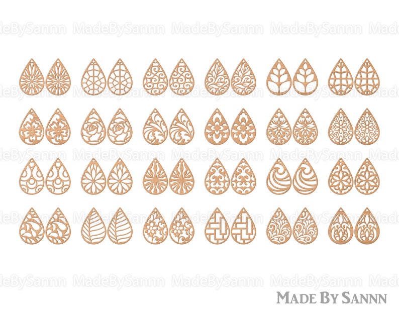 Peut inclure: Ensemble de 36 motifs de boucles d'oreilles en bois d&eacute;coup&eacute;s au laser. Chaque motif pr&eacute;sente un motif complexe diff&eacute;rent, y compris des formes florales, g&eacute;om&eacute;triques et abstraites.