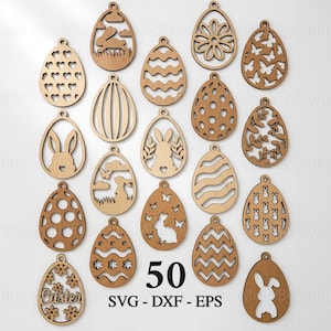 Może przedstawiać: Kolekcja 18 drewnianych ozdób wielkanocnych w kształcie jajek o różnych wzorach, w tym zajączków, kwiatów i wzorów geometrycznych. Każde jajko ma mały otwór do zawieszenia. Wyświetlana jest liczba "50" wraz z "SVG - DXF - EPS".