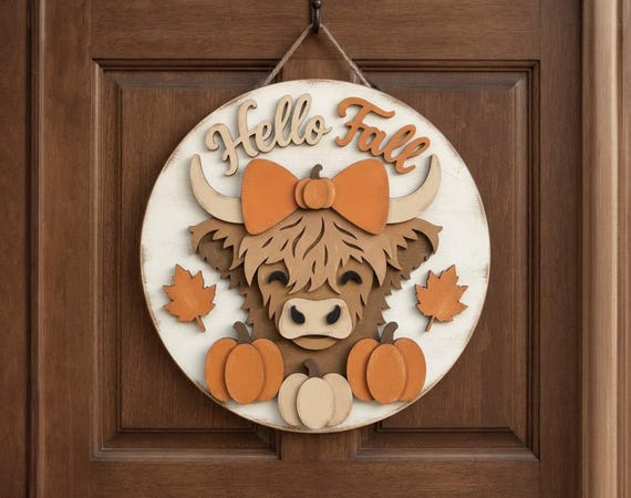 Hello Fall SVG, Highland Cow Welcome Sign Svg, Round Sign SVG, Welcome SVG, Autumn Sign Svg, Door Hanger Svg, Glowforge Svg, Wood Cutting