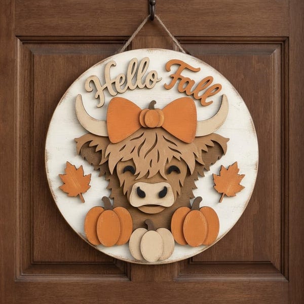 Hello Fall SVG, Highland Cow Welcome Sign Svg, Round Sign SVG, Welcome SVG, Autumn Sign Svg, Door Hanger Svg, Glowforge Svg, Wood Cutting