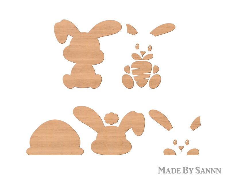 Puede incluir: Conjunto de cinco formas de conejo de madera, perfectas para manualidades o decoraci&oacute;n. Los conejos est&aacute;n en varias poses, incluyendo sentados, de pie y sosteniendo una zanahoria. Las formas est&aacute;n hechas de madera natural y tienen un color marr&oacute;n claro.