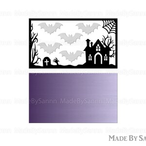 May include: Black and white silhouette of a haunted house with bats and a graveyard. The image is set against a purple gradient background.