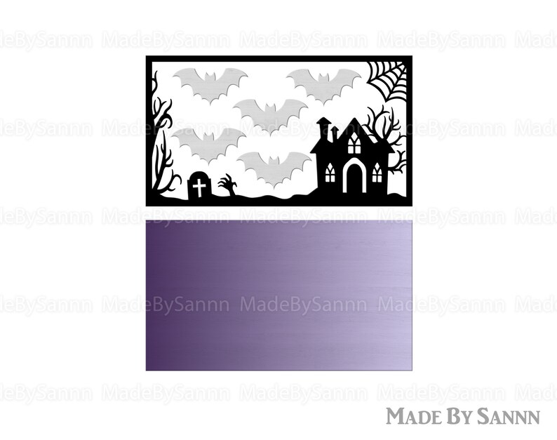 May include: Black and white silhouette of a haunted house with bats and a graveyard. The image is set against a purple gradient background.