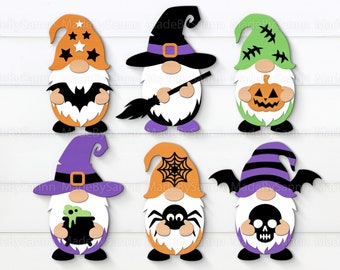 May include: Six Halloween gnomes with different themes. The gnomes are orange, green, purple, and black with white accents. They are wearing hats and holding various Halloween items, such as a bat, a broom, a pumpkin, a spider, a cauldron, and a skull.