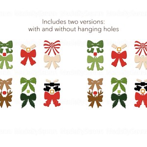May include: A collection of Christmas-themed wooden cutouts in various designs, including bows, reindeer, and Santa Claus figures. The cutouts are in green, red, brown, and cream colors. The text "Includes two versions: with and without hanging holes" is displayed.