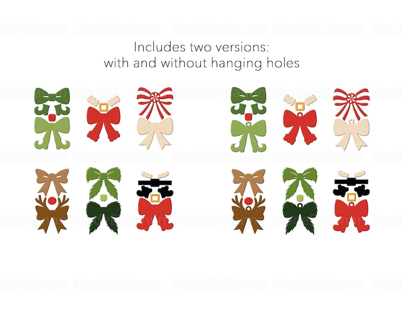 May include: A collection of Christmas-themed wooden cutouts in various designs, including bows, reindeer, and Santa Claus figures. The cutouts are in green, red, brown, and cream colors. The text "Includes two versions: with and without hanging holes" is displayed.