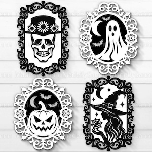 May include: Four black and white Halloween themed SVG cut files. Each design features a different spooky character in an ornate frame. The designs include a skull wearing a hat, a ghost, a jack-o-lantern, and a witch.