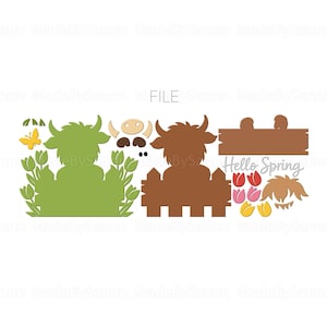 Peut inclure: Ensemble de d&eacute;coupes sur le th&egrave;me du printemps. Il comprend une silhouette de vache verte avec des tulipes et un papillon jaune, une vache marron derri&egrave;re une cl&ocirc;ture et une pancarte avec "Hello Spring" et des tulipes.