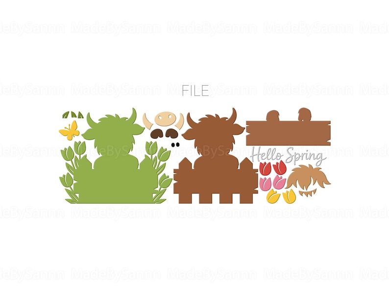 Peut inclure: Ensemble de d&eacute;coupes sur le th&egrave;me du printemps. Il comprend une silhouette de vache verte avec des tulipes et un papillon jaune, une vache marron derri&egrave;re une cl&ocirc;ture et une pancarte avec "Hello Spring" et des tulipes.