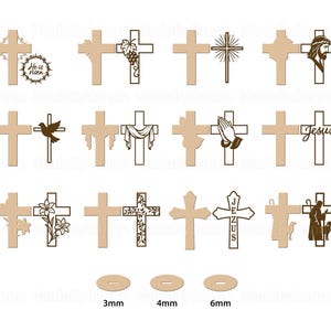 May include: A collection of wooden crosses in various designs, including crosses with floral, dove, and Jesus motifs. The image also includes three small, oval-shaped wooden pieces with measurements of 3mm, 4mm, and 6mm.