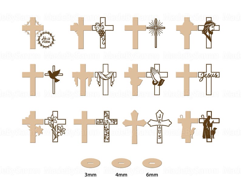 May include: A collection of wooden crosses in various designs, including crosses with floral, dove, and Jesus motifs. The image also includes three small, oval-shaped wooden pieces with measurements of 3mm, 4mm, and 6mm.