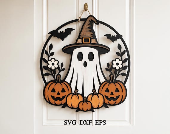 Ghost with Pumpkin Door Hanger SVG, Ghost Decor Svg, halloween door sign, Halloween Laser Cut Files, Pumpkin, Glowforge Svg, Halloween Decor