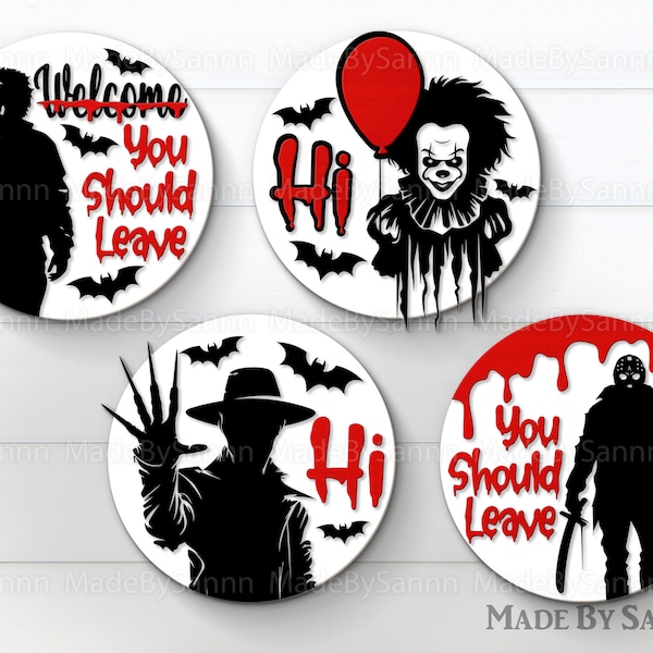 Horror Characters Door Sign Svg, Halloween Door Hanger svg, Halloween Welcome Sign Svg, Wooden Door Hanger, Halloween Bundle, Laser File Svg