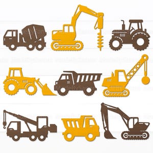 Bouwvoertuigen SVG-bundel, bouw SVG, vrachtwagens SVG-bestanden, graafmachine SVG, kiepwagen SVG, lasergesneden bestand, Glowforge SVG, digitaal