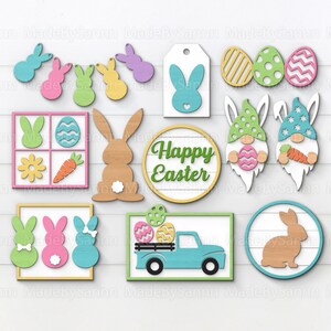 Vassoio a livelli di Pasqua SVG, vassoio a livelli Glowforge, decorazione pasquale, vassoio a livelli della fattoria, coniglietto in formato Svg, uovo di Pasqua in formato Svg, gnomo di Pasqua in formato Svg, file di taglio Cricut