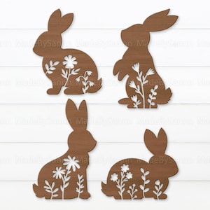 SVG de coelhinhos em pé com estampa floral, decoração de Páscoa, coelhos da Páscoa em SVG, enfeite de coelho para prateleira, decoração de primavera, SVG para Glowforge, arquivo para corte a laser, arquivos para Cricut