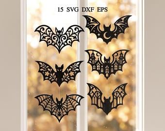 May include: Black laser-cut bat decorations in various designs, including ornate patterns, a moon and stars, and a spiderweb. The image includes the text "15 SVG DXF EPS". These Halloween-themed decorations are suspended in front of a window.