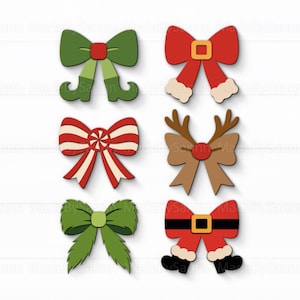 May include: Six wooden Christmas-themed bow decorations. The bows feature various designs, including elf shoes, a candy cane pattern, reindeer antlers, and Santa Claus details. The color palette includes red, green, brown, and white.