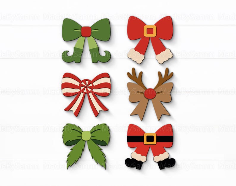 May include: Six wooden Christmas-themed bow decorations. The bows feature various designs, including elf shoes, a candy cane pattern, reindeer antlers, and Santa Claus details. The color palette includes red, green, brown, and white.