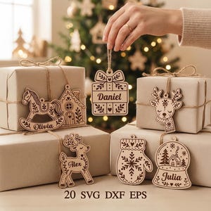 Julklappsetiketter SVG-paket, personliga namnprydnader SVG, söta juletiketter, laserskurna och gravyrfiler, Glowforge SVG, Dxf Eps