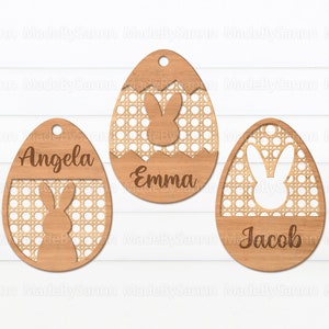 Étiquettes de nom de panier de Pâques en rotin, étiquette de Pâques Svg, fichier découpé au laser d’étiquette de panier de lapin, étiquette de nom de panier Svg, cintre d’oeufs svg, fichier pour Cricut