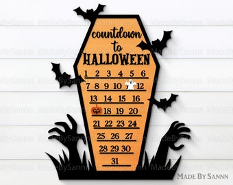 ハロウィン棺カレンダーへのカウントダウン SVG、ハロウィンまでの日数 SVG、Glowforge SVG、ハロウィン カウントダウン デザイン ファイル、ハロウィン装飾 SVG