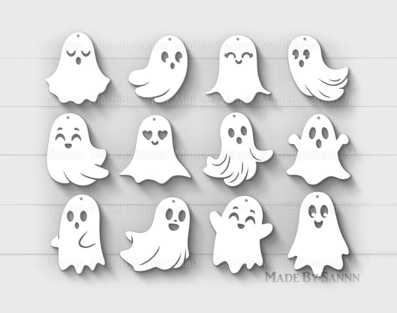 Puede incluir: Conjunto de 12 recortes de fantasmas blancos con diferentes expresiones faciales, perfectos para la decoraci&oacute;n de Halloween. Los fantasmas est&aacute;n todos en un estilo de dibujos animados simple y est&aacute;n listos para ser pintados o decorados.