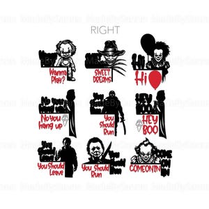 May include: Nine black and white illustrations of horror movie characters with red text. The text includes phrases like "Wanna Play?", "Sweet Dreams", "Hi", "No you hang up", "You Should Run", "Hey Boo", "You Should Leave", and "Come On In".