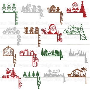 May include: A collection of Christmas-themed corner designs. The designs include Santa Claus, Christmas trees, gingerbread houses, nutcrackers, and nativity scenes. The word "JOY" is included in some designs. The designs are in various colors.