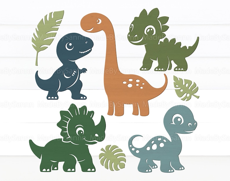 May include: Five colorful dinosaur illustrations with green, brown, blue, and orange colors. The dinosaurs are in various poses, including standing, walking, and sitting. The illustrations are on a white background.