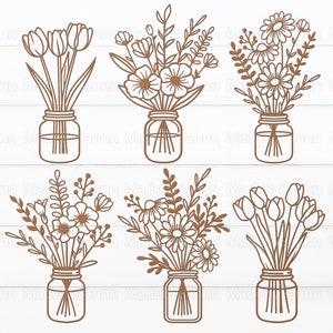 Flores silvestres en frascos svg, flores silvestres ramo svg, primavera svg, flores de madera svg, flores silvestres dibujadas a mano svg, Glowforge svg, archivo de corte láser