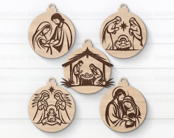 May include: Set of six wooden Christmas ornaments featuring various scenes from the Nativity story. The ornaments depict the Holy Family, angels, and the manger.