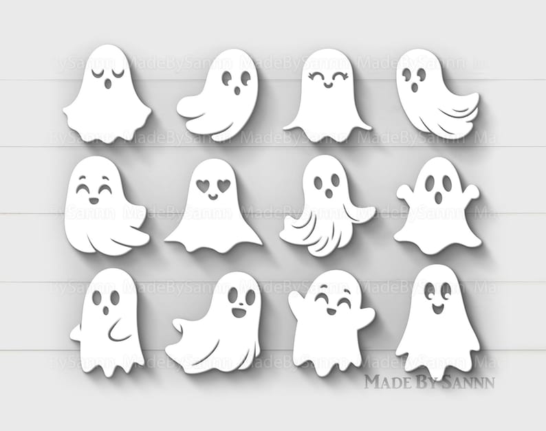 Puede incluir: Conjunto de diez ilustraciones de fantasmas blancos con diferentes expresiones faciales. Los fantasmas est&aacute;n en varias poses, incluyendo volar, estar de pie y sentarse. Las ilustraciones son perfectas para decoraciones de Halloween, manualidades y m&aacute;s.