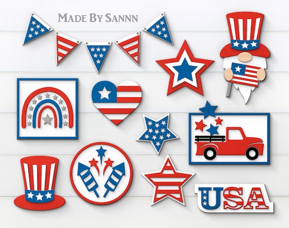 Patriotic Tiered Tray SVG, Tier Tray Glowforge, USA Decor, Farmhouse Tier Tray, Fourth of July Svg, Flag Day, USA Gnome Svg, Cricut cut file