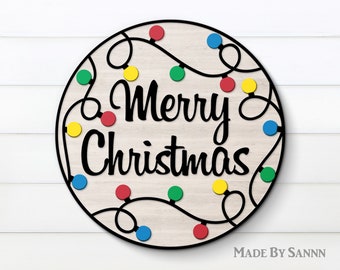 Merry Christmas Svg, Christmas Lights Svg, Laser Cut File, Christmas Welcome Sign Svg, Door Hanger Svg, Glowforge Svg, Round Sign Svg, dxf