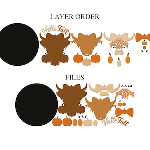 May include: A digital craft file set featuring a layered Highland cow design with pumpkins and a bow. The image displays a black circle, a brown cow silhouette, a light brown cow face, and orange accents. Text reads LAYER ORDER and FILES.