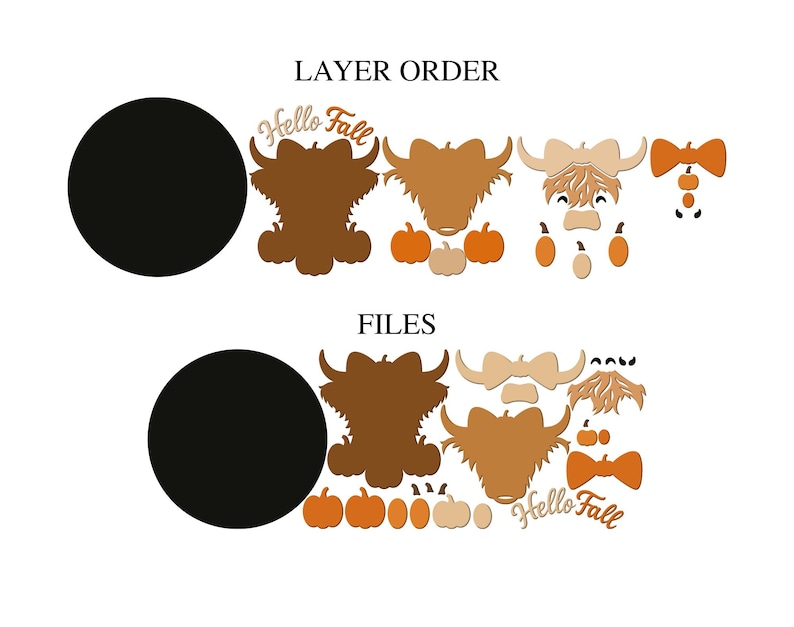 May include: A digital craft file set featuring a layered Highland cow design with pumpkins and a bow. The image displays a black circle, a brown cow silhouette, a light brown cow face, and orange accents. Text reads LAYER ORDER and FILES.